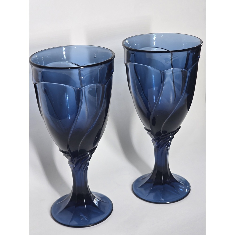 Set Of 2 Vintages‎ Noritake Sweet Swirl Dark Blue Water Goblets 8 Oz Glasses